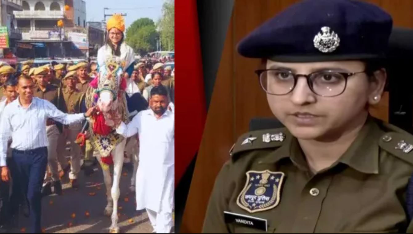 IPS Vandita Rana bid farewell to Dausa SP by riding him on a mare, 4Km. A procession was taken out with musical instruments till