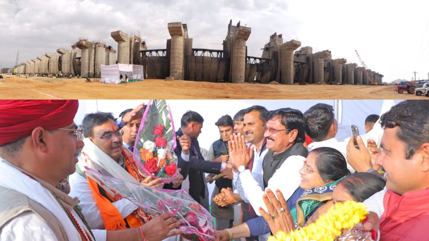 Chief Minister conducted aerial inspection of Isarda Dam under construction in Banas River of Banetha area.