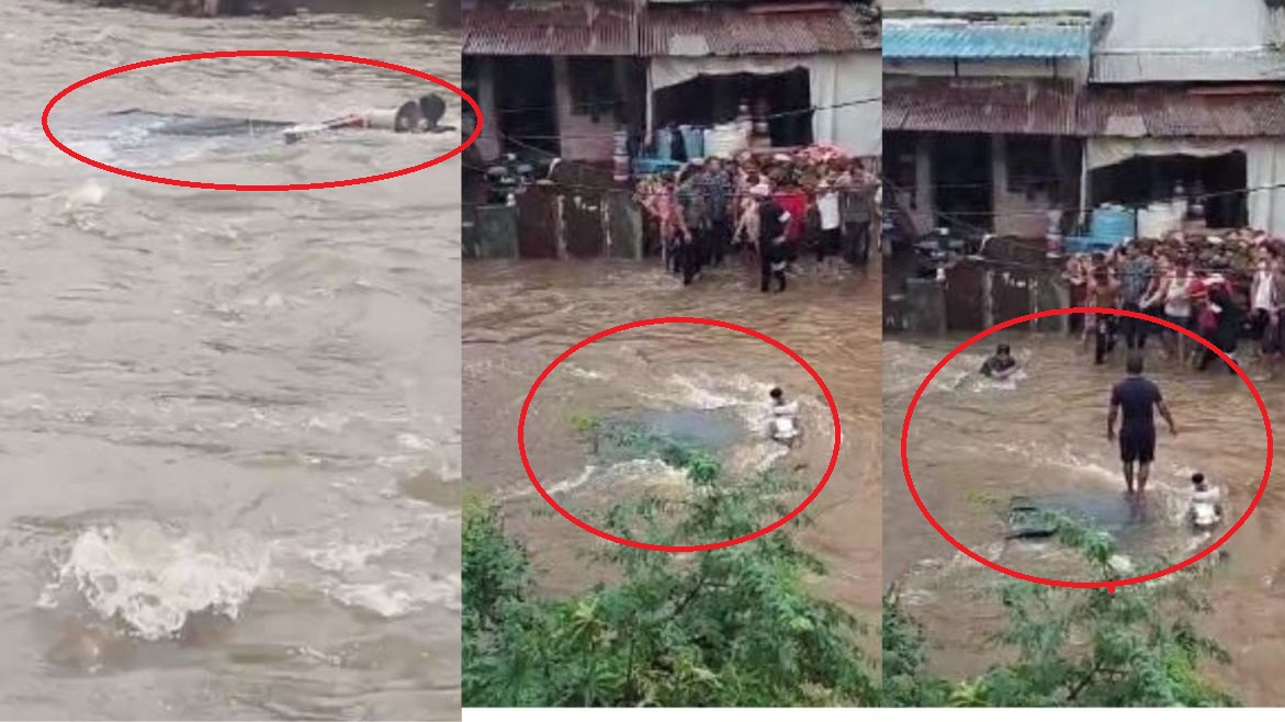 Rain created havoc, flood situation created, police jeep went out of control and overturned due to strong flow of water.