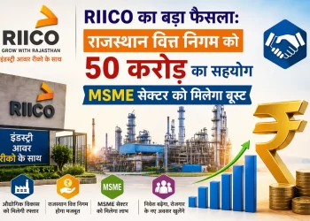 Infographic announcing RIICO's 50 crore support for MSME centers with factory image and currency symbol (Rupee)